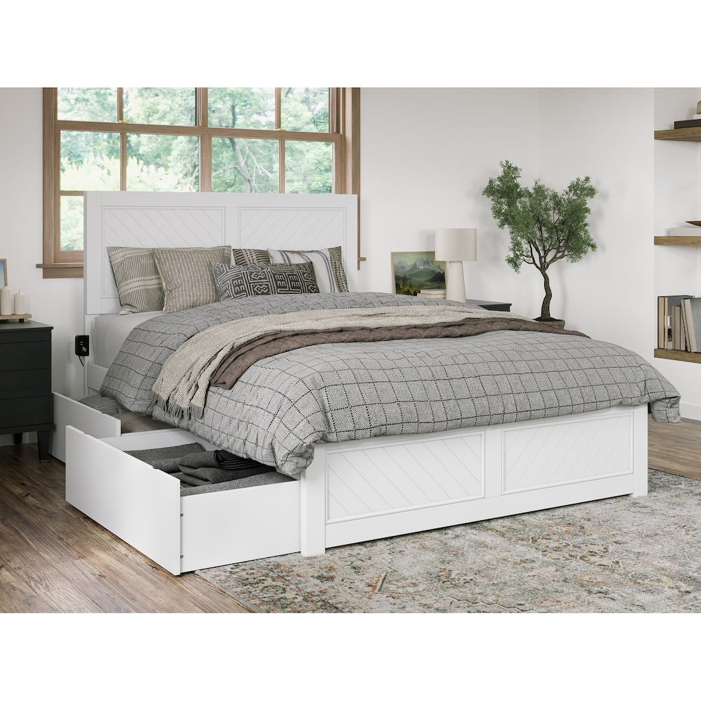 Platform Bed with Storage & Footboard - Modern Radiance Bed Frame, White Finish