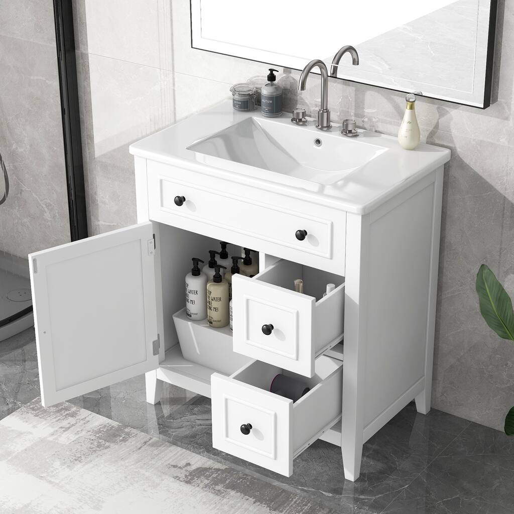 30" Freestanding Bathroom Vanity with Ceramic Sink Top, Single Door Cabinet, 2 Drawers and Round Metal Knobs