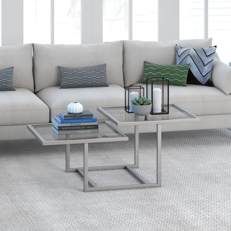 43" Contemporary Square Coffee Table with Glass Top and 2 Shelves Stylish Steel Base for Living Rooms - 43"L x 23"W x 18"H