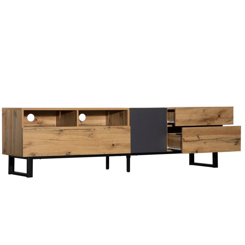 Modern TV Stand, for TVs Up to 80 Inches with Open Shelving, 2 Drawers and Drop-Down Door, for Living Rooms and Bedrooms
