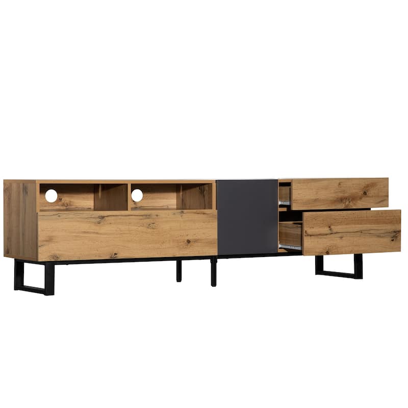 Wood+Grey 70.9" TV Stand with Double Storage Space and Drop Down Door for TVs Up to 80"
