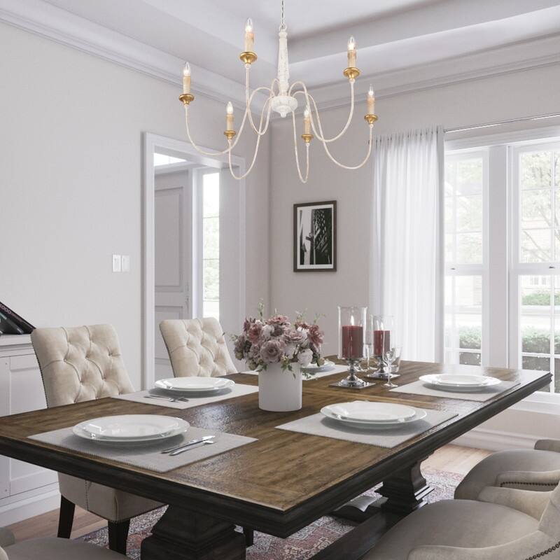 Modern Farmhouse Candle 6Light Rustic White Chandelier Wood Wheel