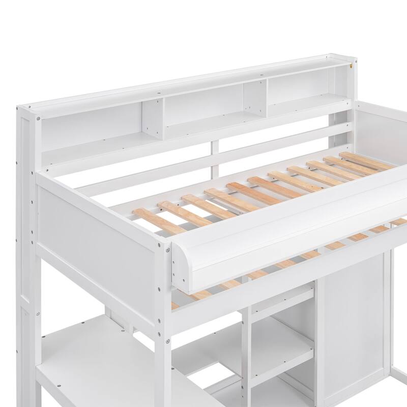 Twin Size Loft Bed with Desk, Wardrobe, and Multiple Storage Shelves, Sturdy Pine Wood Frame, Ideal for Small Bedrooms
