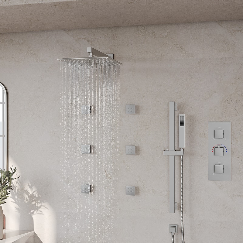 GRANDJOY Thermostatic Shower Faucet Set 12" Wall Mount Rainfall Shower Head Handheld Spray with Slide Bar Body Jets