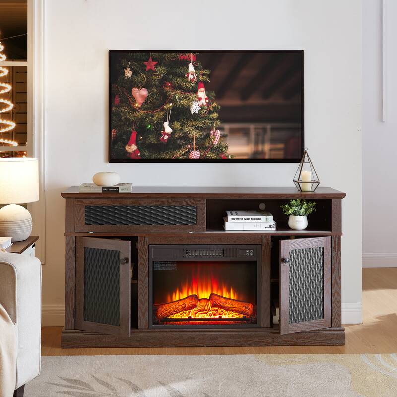 Embossed Pattern TV Stand for TVs Up to 65", Fireplace TV Stand with Storage Cabinet - Cherry+Fireplace - 58"