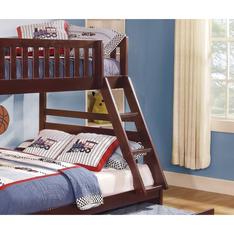 Twin/Full Bunk Bed with Twin Trundle, Dark Cherry Finish, Wooden Bedroom Furniture