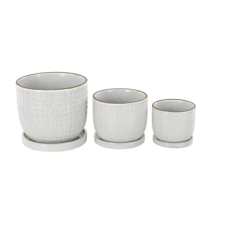 Ceramic Abstract Circle Patterned Indoor Outdoor Planter with Brown Accents and Base Tray - Set of 3 White - Roche River Decor