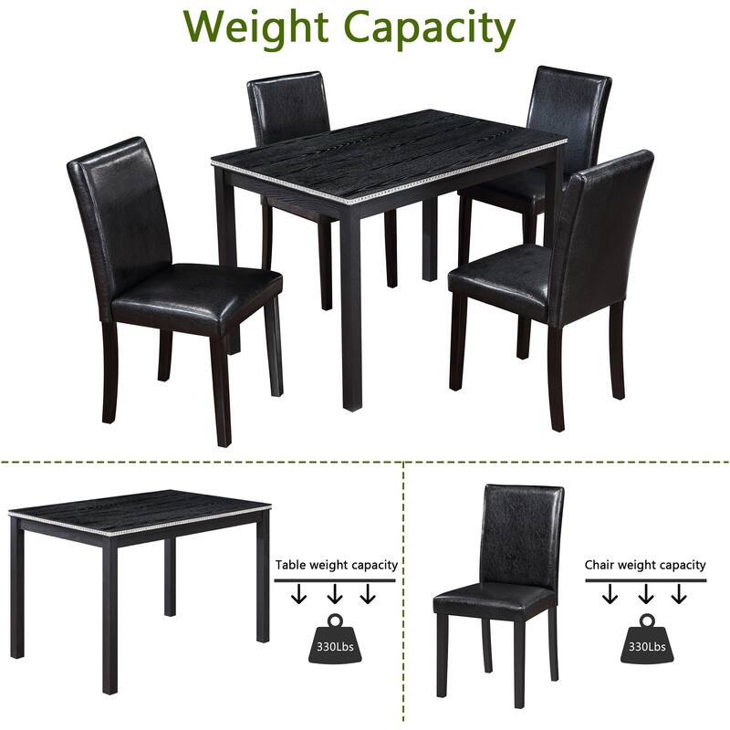 Modern 5-Piece Dining Set with Crystal Table & 4 Upholstered Chairs