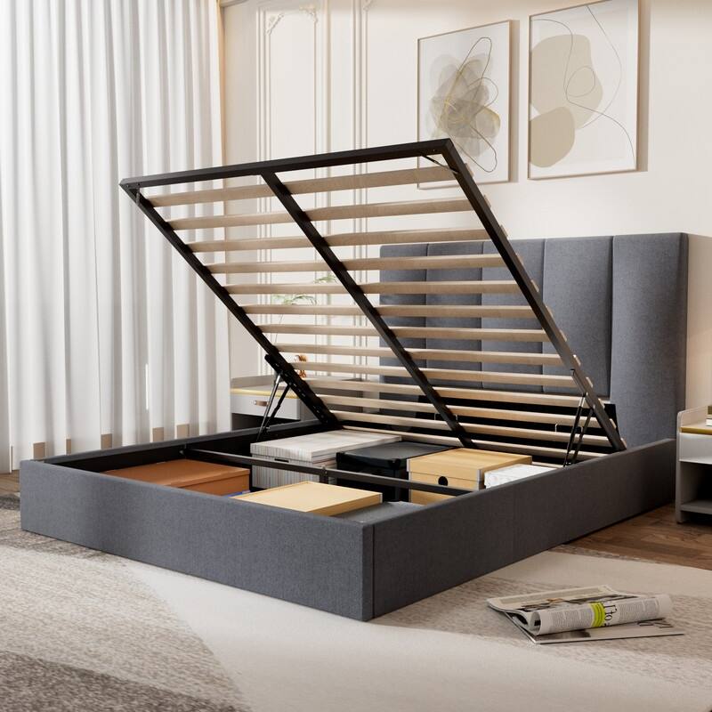 Modern Upholstered Lift-Up Storage Platform Bed with Headboard - Grey - Queen