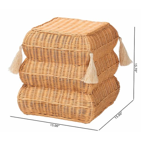 Noura Natural Rattan Footstool with Tassel Accents