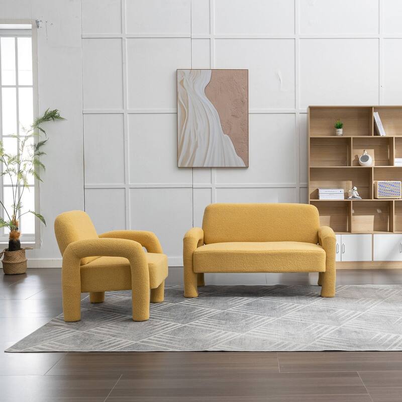 SEYNAR Mid-Century Modern Boucle 51'' Solid Wood Curved Sofa Set of 2 with Accent chair