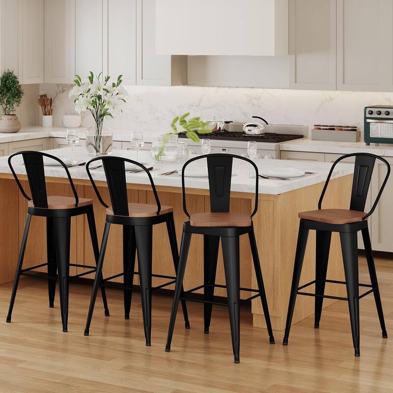 Swivel Counter Stools with Metal Frame Farmhouse Counter Chairs with High Back 24" Kitchen Bar Furniture Stools with Wooden Seat