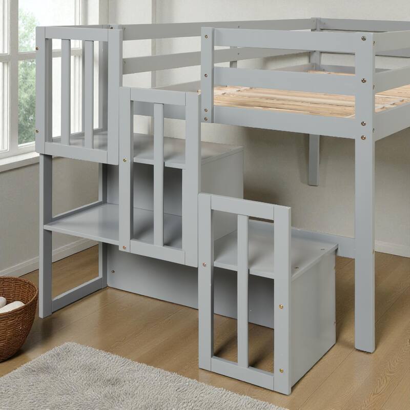 Twin Size Wooden Loft Bed with Staircase and Storage Steps, Solid Pine Frame with Guardrails