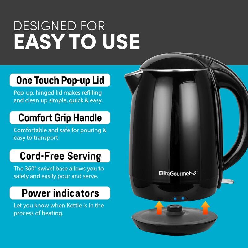 Elite Gourmet 1.8L Cool-Touch Electric Kettle with Stainless Steel Interior, Black