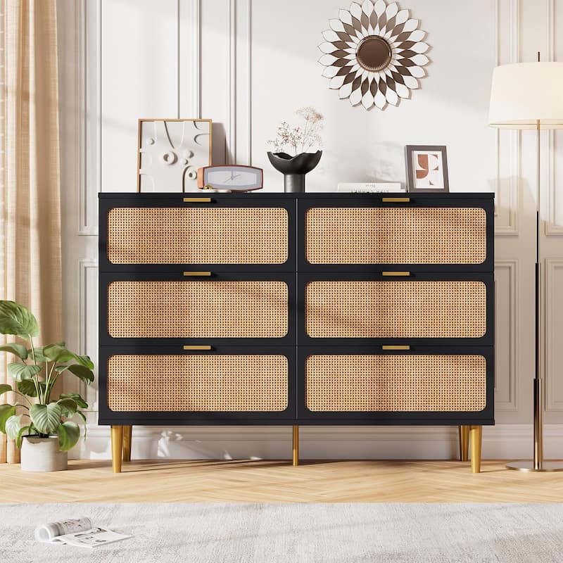 Rattan 6 Drawer Dresser for Bedroom, Double Chest with Deep Drawers and Wide Top for Living Room, Hallway, or Closet - Black