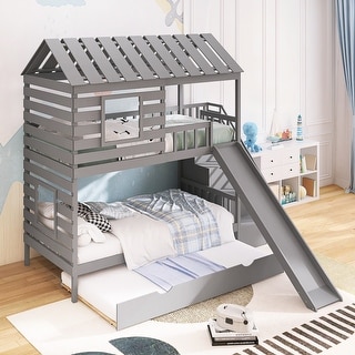 Twin Over Twin House Bunk Bed with Trundle & Slide, Storage Staircase ...
