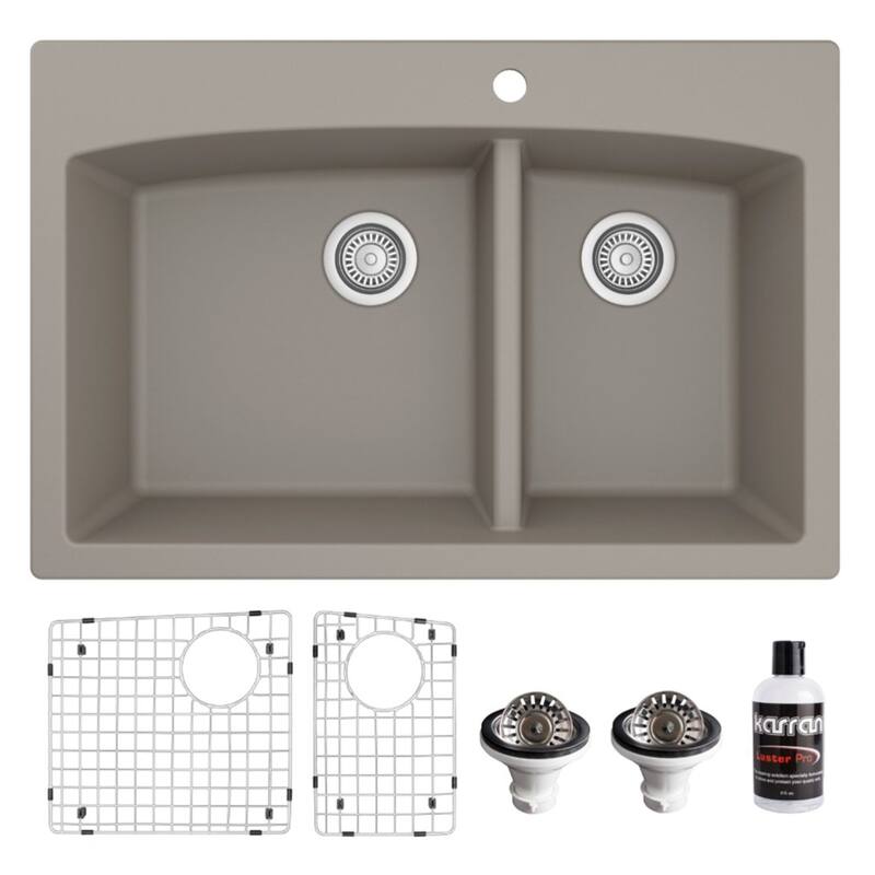 Karran Drop-In Quartz 33 in. 1-Hole 60/40 Double Bowl Kitchen Sink Kit