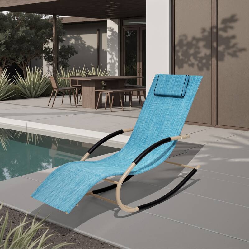 Outdoor Patio Rocking Chair Curved Rocker Chaise Lounge Chair with Pillow - 57.87" L x 24.70" W x 35.43" H - Blue