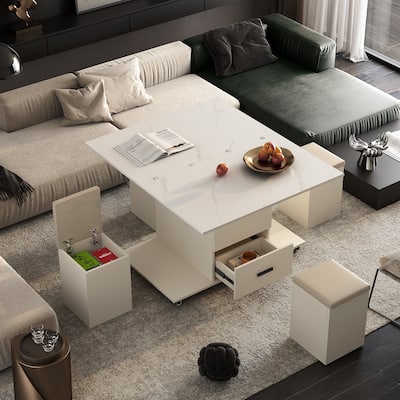 Modern Lift-Up Coffee Table with 4 Stools Set , Expandable Design with 1 Hidden Storage + 2 Drawers,Folding Dining Table.