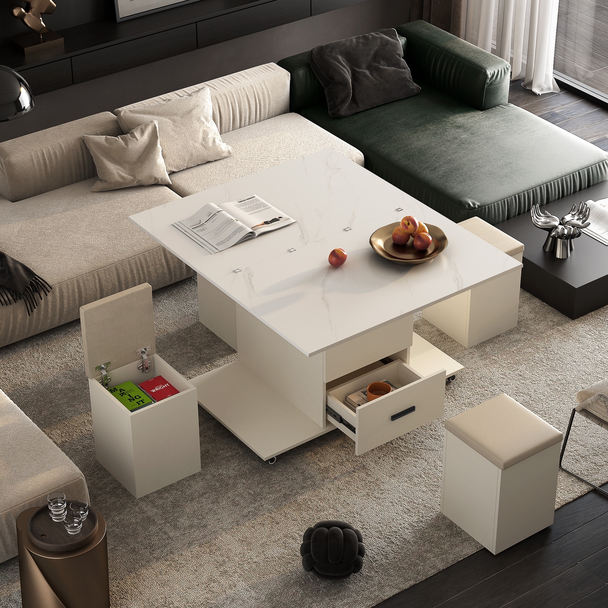 Modern Lift-Up Coffee Table with 4 Stools Set with Storage