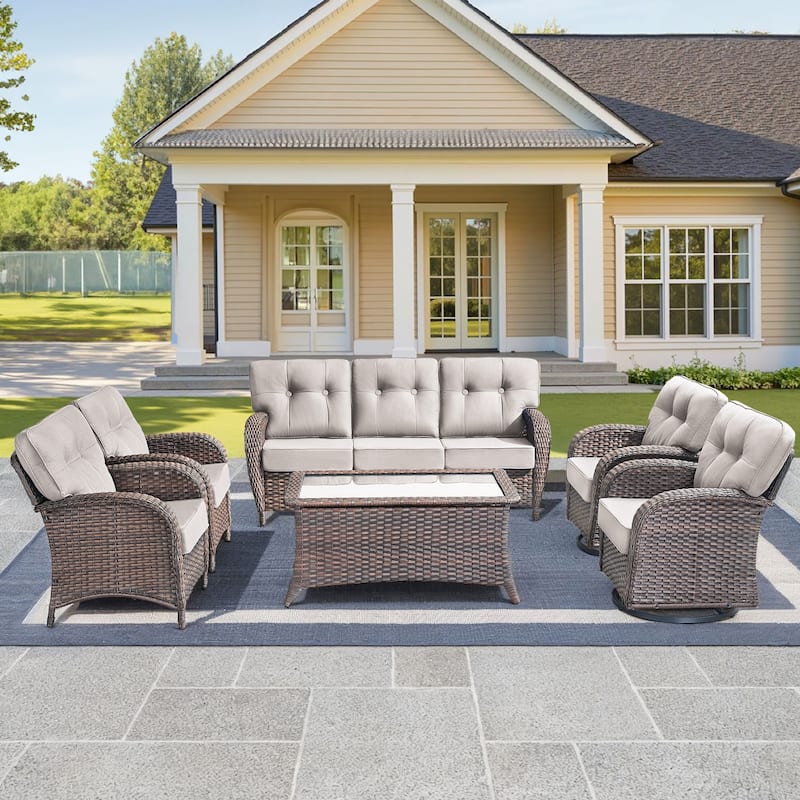 6 Pieces Pocassy Sofa Chairs Table with Swivel Chairs - Brown Wicker & Beige Cushion