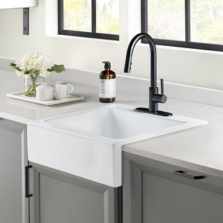 Parker Crisp White Fireclay 26" Single Bowl Quick-Fit Drop-In Farmhouse Apron Kitchen Sink (3 Holes) and Drain