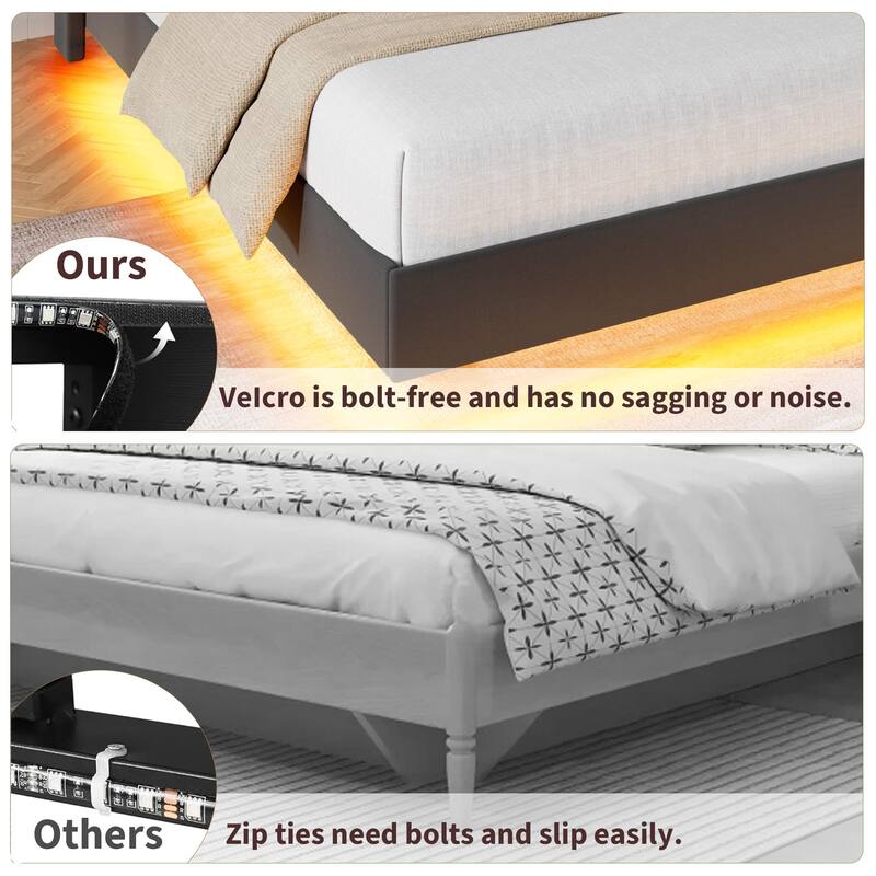 Full/Queen Floating Bed Frame with LED Lights & Charging Station, Upholstered Platform Beds with Storage Headboard