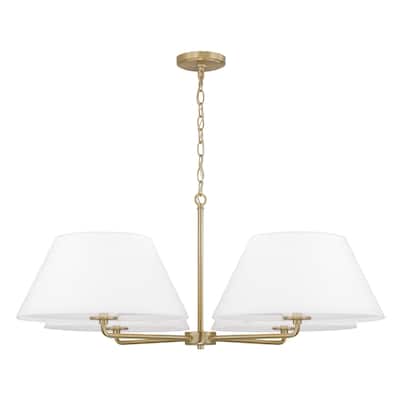 4-Light Chandelier in Matte Brass with White Fabric Shades and Glass Diffusers