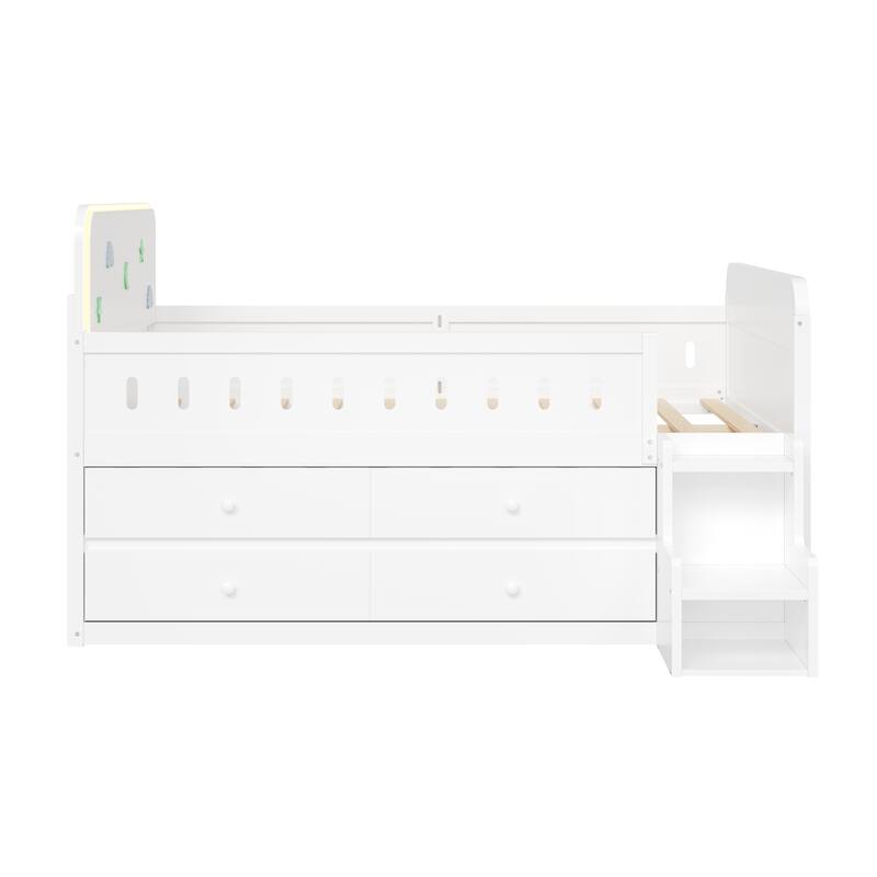 GDFStudio - Wooden Bed with Storage Drawers, Ladder Shelves and LED