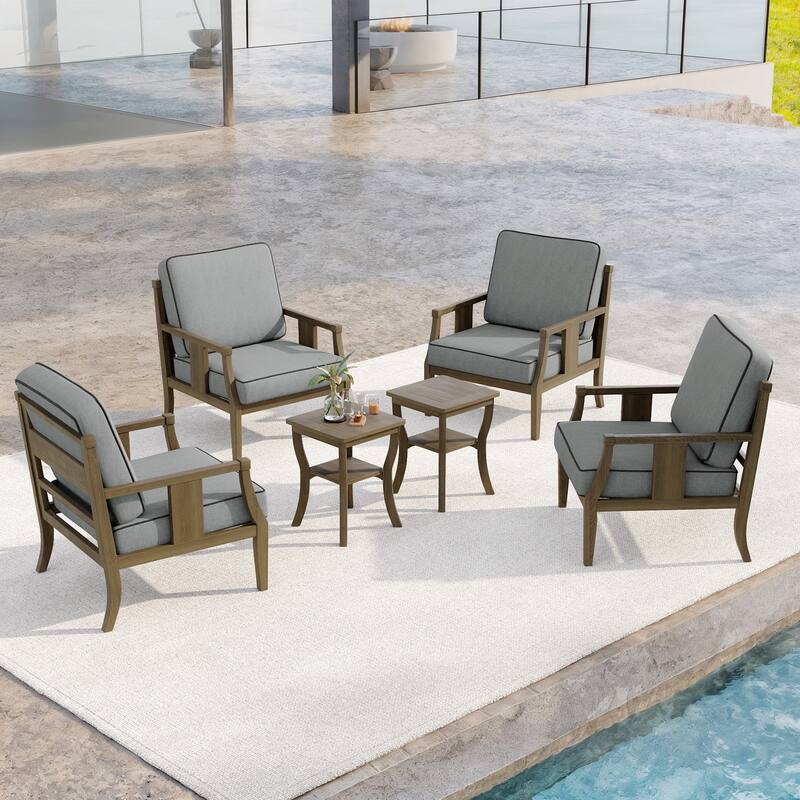 6-Piece Outdoor Teak Seating Set Armchair Patio Conversation Sets with 2 Tables, Cushion