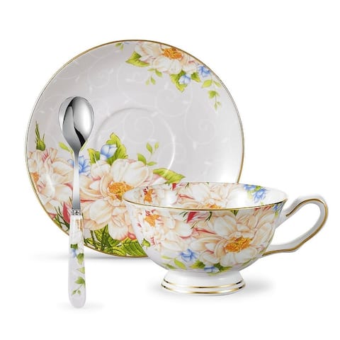 Panbado Bone China Floral Tea Cup Set with Saucer Spoon