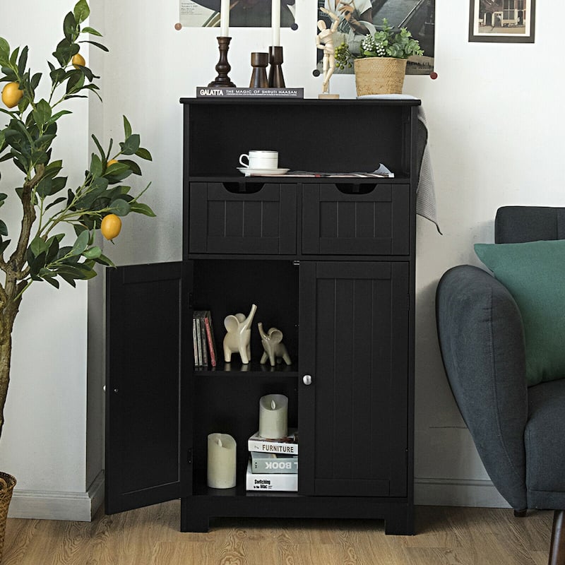 Gymax Bathroom Floor Cabinet Wooden Storage Organizer w/Drawer Doors - See Details