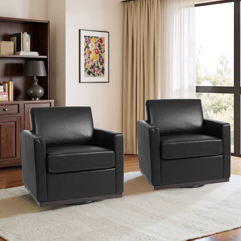 Set of 2 Modern Cozy Swivel Accent Chairs Upholstered Arm Chairs - Leather - Black