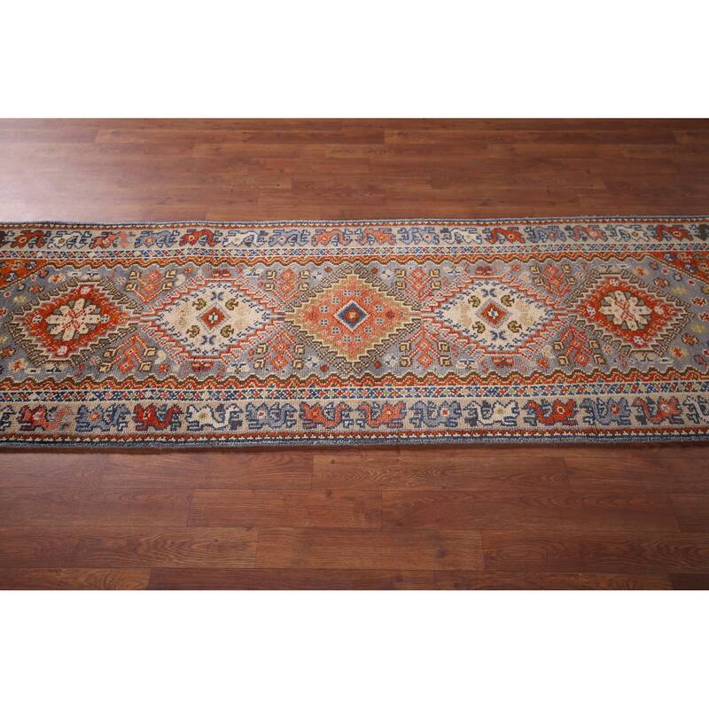 Gray Geometric Kazak Oriental Runner Rug Handmade Wool Carpet - 2'6"x 8'0"