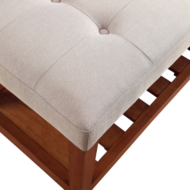 Fabric Upholstered Bench with Open Storage, Blue and Oak