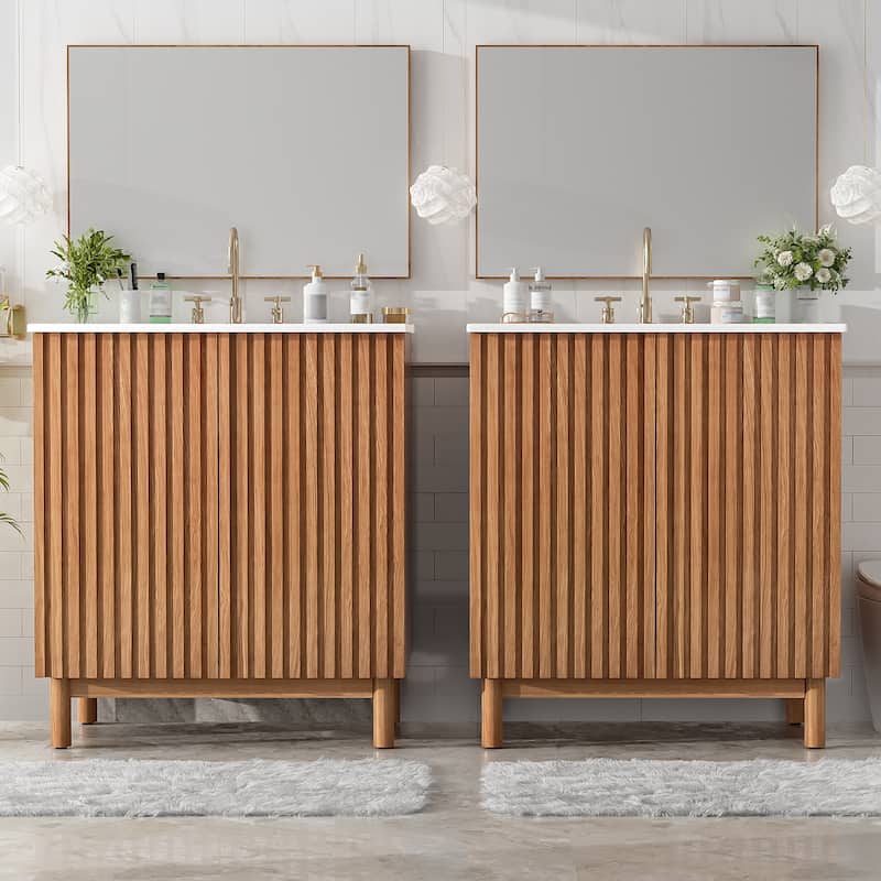 60.2'' Freestanding Bathroom Vanity in Wood with Integrated Ceramic Sink and Solid Wood Legs - 59.8'' x 18.3'' x 34''