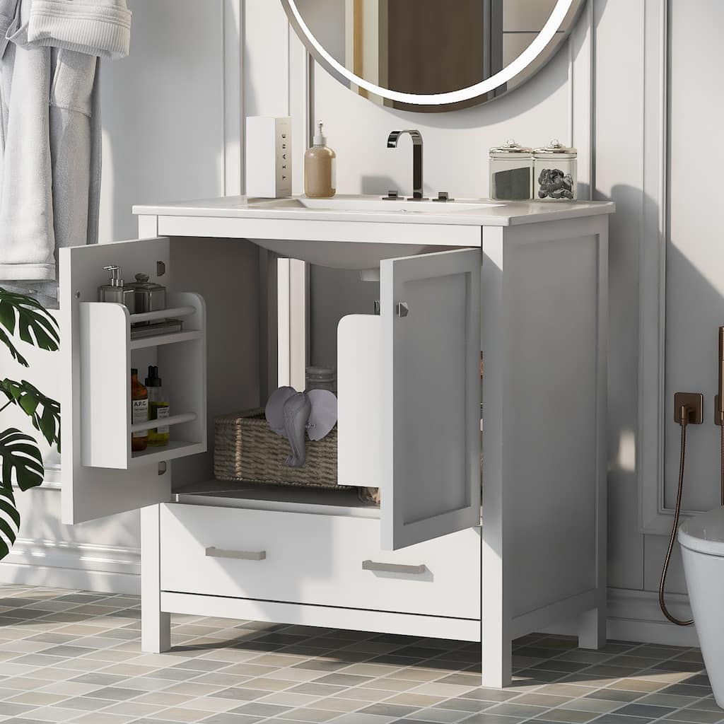 30" White Bathroom Vanity with Single Sink, Combo Cabinet Undermount Sink, Bathroom Storage Cabinet with 2 Doors and a Drawer