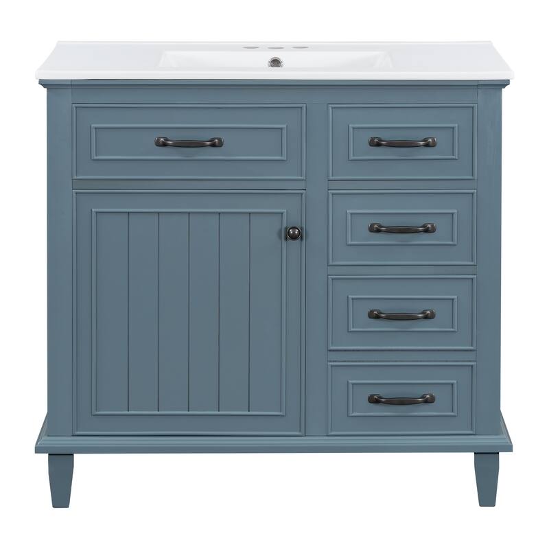 36 Inch Bathroom Vanity with Ceramic Sink Top, Solid Wood Frame, MDF & Poplar Cabinet, Flip Drawers, Adjustable Shelf