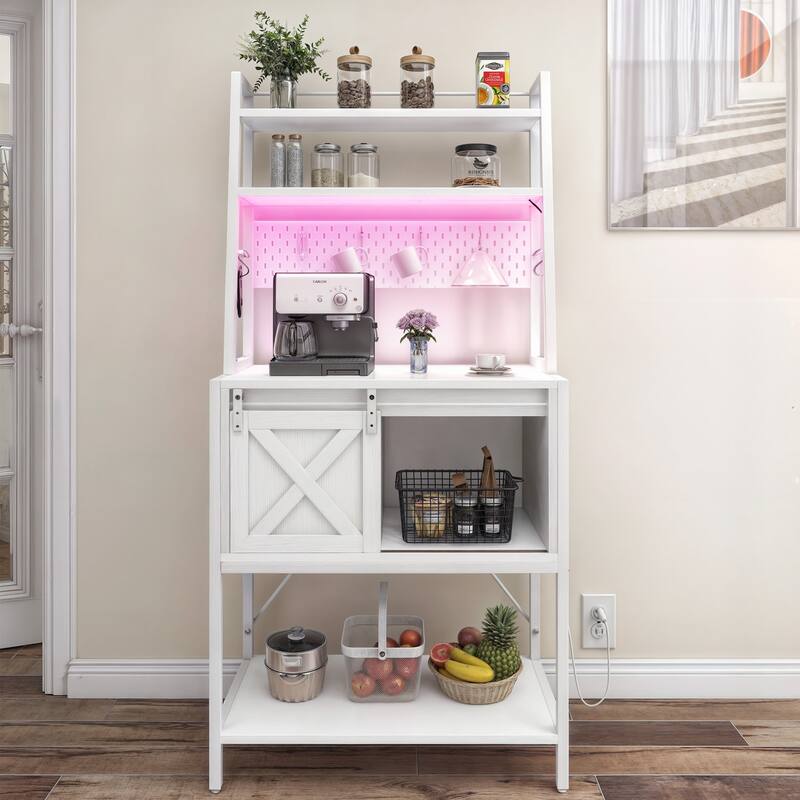 65" Tall Bakers Rack with Sliding Storage Drawer Barn Door & Shelf - White