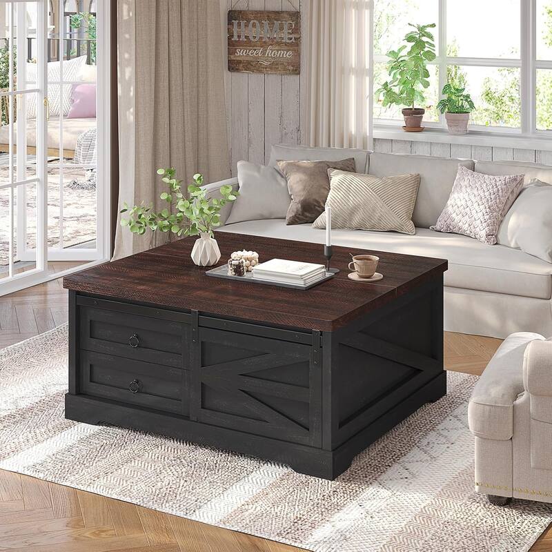Lift Top Storage Square Coffee Table Drawers Adjustables Shelves - 39.4" - Black