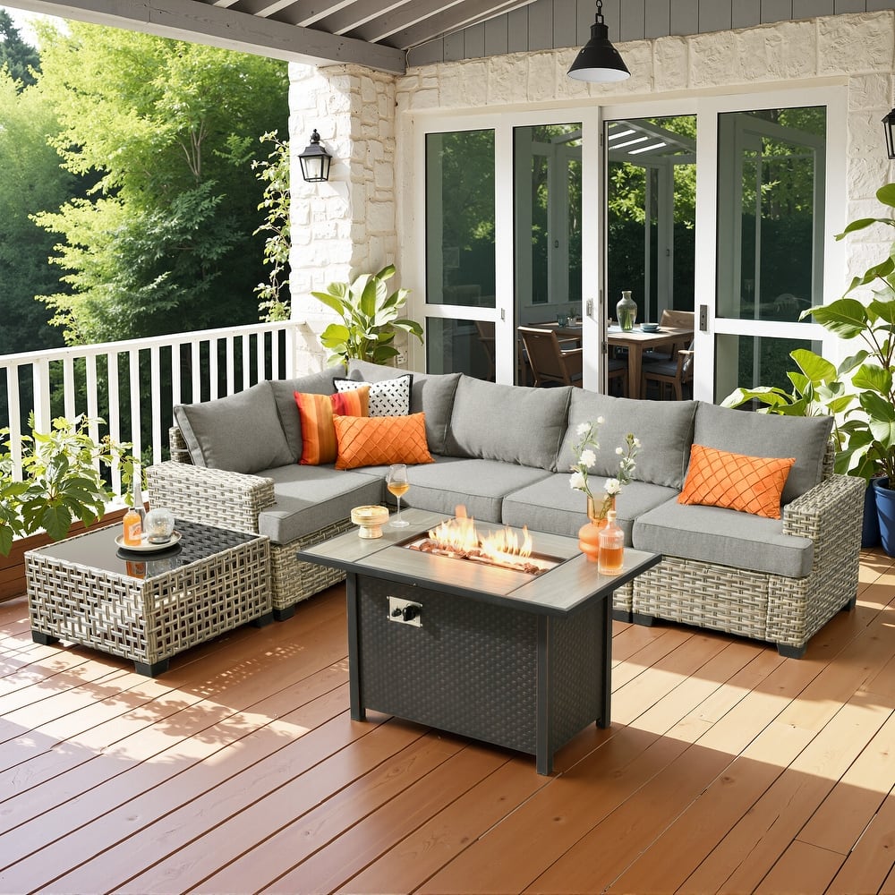 OVIOS 7 Pieces T shaped Seat Wide Armrest Set With Solar-Powered Coffee Table&Fire Pit