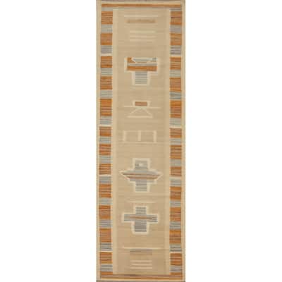 Hand Woven Oriental 100% Wool Carpet Southwestern Tribal Beige & Ivories Kilim Runner Rug - 8' 0'' X 2' 0''