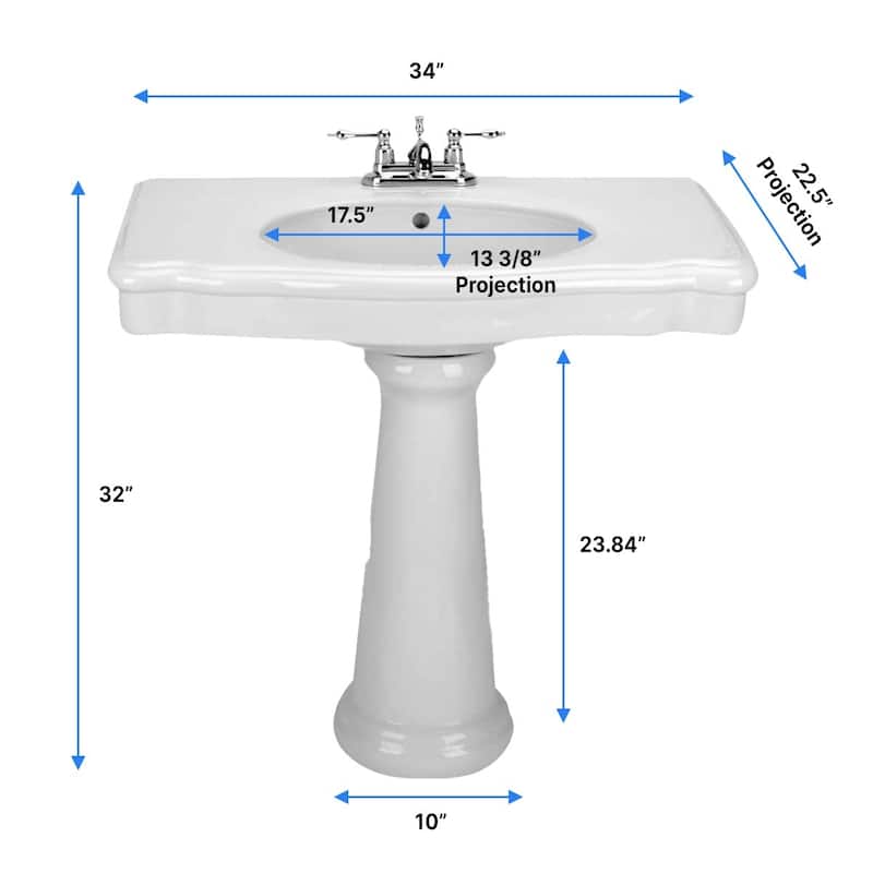 White Pedestal Sink Darbyshire Porcelain 34" Sink with 4" Centerset Faucet Holes and Overflow Renovators Supply