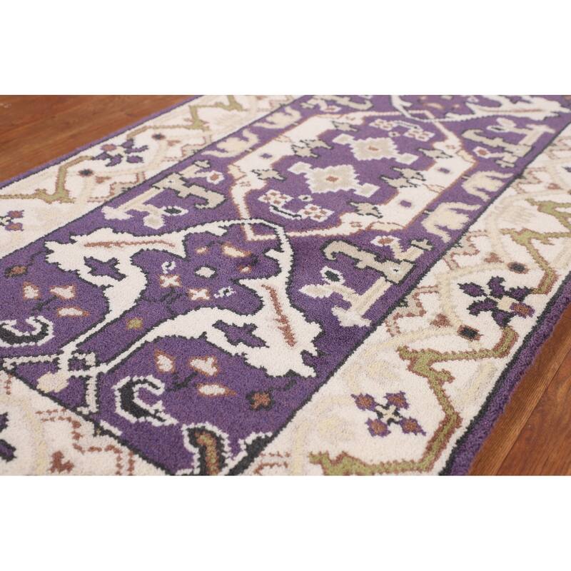 Purple & Ivory Oushak Oriental Runner Rug Hand-Knotted Wool Carpet - 2'6"x 9'9"