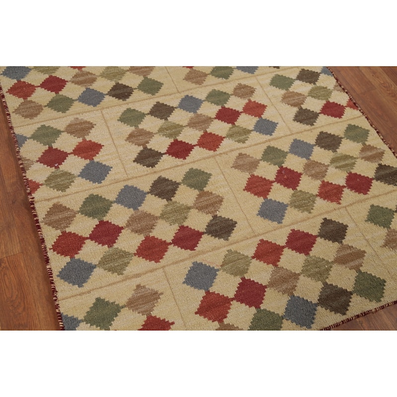 Geometric Kilim Oriental Area Rug Hand-Woven Beige Wool Carpet - 3'9"x 6'0"