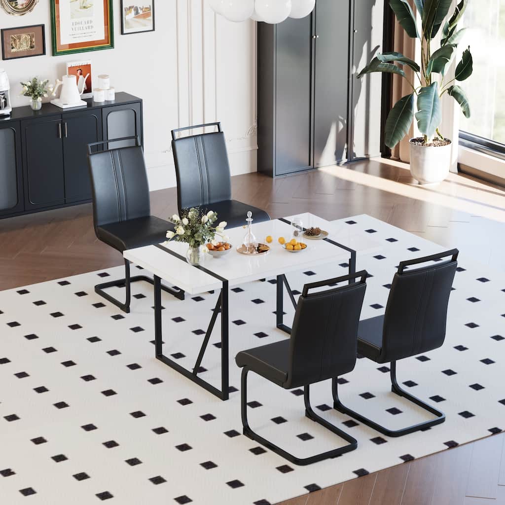5-Piece Dining Table & Chairs Set with Metal Frame, Black Upholstered Dining Chairs with C-Shaped Legs