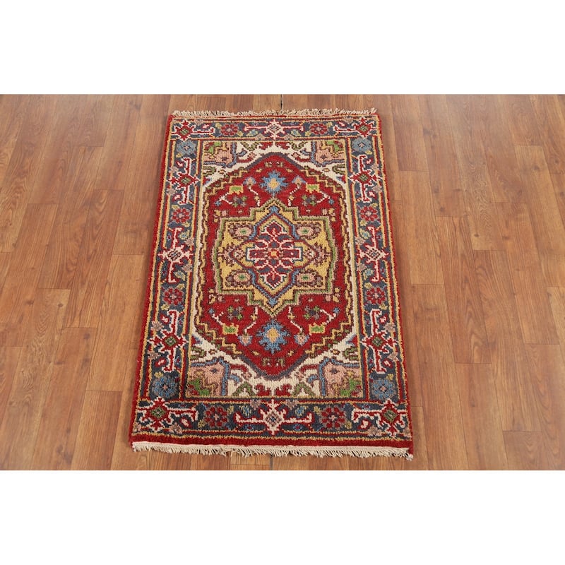 Red Geometric Heriz-Serapi Indian Accent Rug Hand-Knotted Wool Carpet - 2'0"x 3'0"