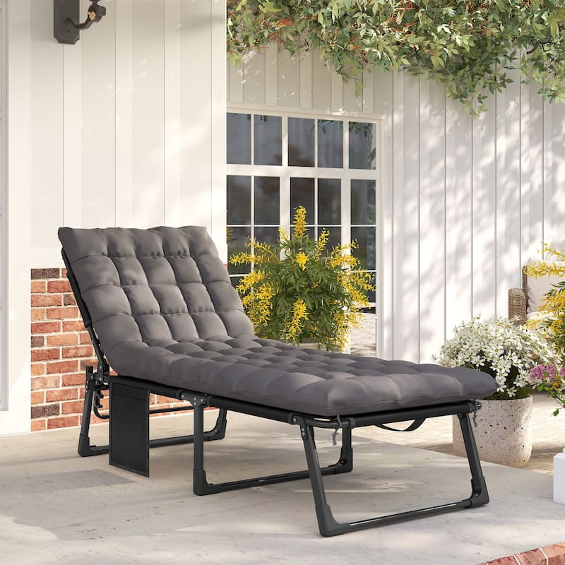 Outsunny Chaise Lounge Chair Outdoor, 5-Position Reclining Pool Lounge Chair with Cushion, Side Pocket, Headrest - Grey