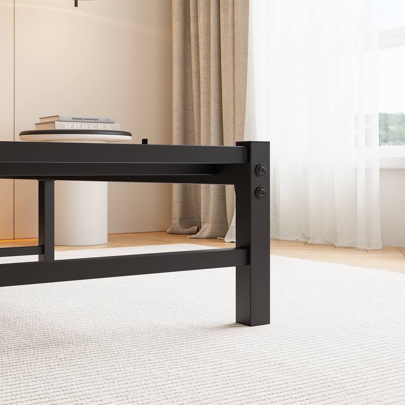Full Size Bed Frame with RGB, Charging Station, Wood Storage Headboard, Metal Platform Bed with Heavy Duty Slats Support