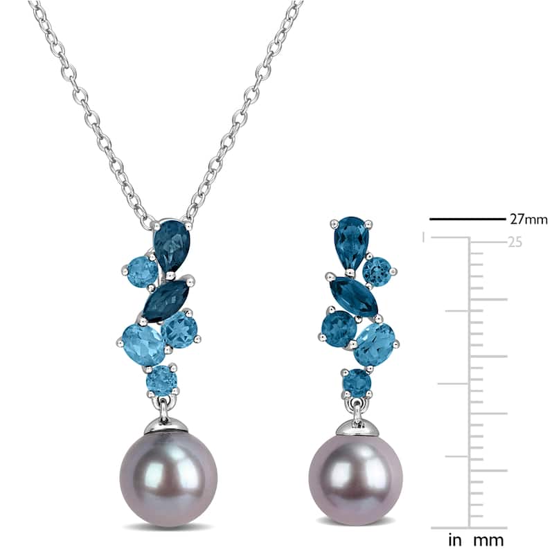 Miadora Sterling Silver Gemstone and Cultured Freshwater Pearl Necklace and Earrings Set
